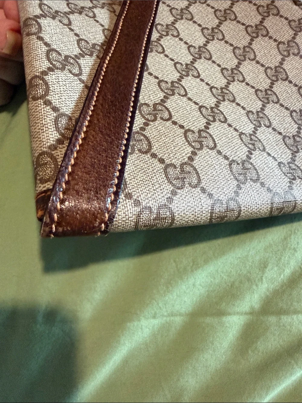 Gucci Beige GG Supreme Envelope Clutch with Brown Leather Trim